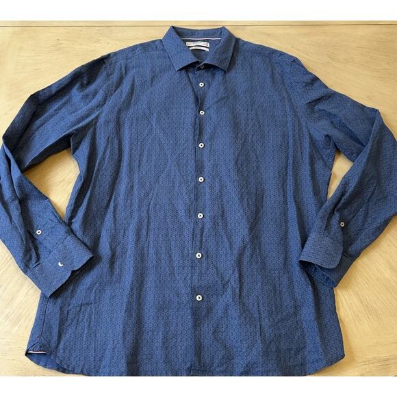 Mango Men's Linen Slim Fit Shirt Size XL Blue Floral Long Sleeve Button Down - Picture 7 of 9